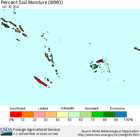 Fiji, Samoa, Solomon Isl. and Vanuatu Percent Soil Moisture (WMO) Thematic Map For 10/24/2022 - 10/30/2022