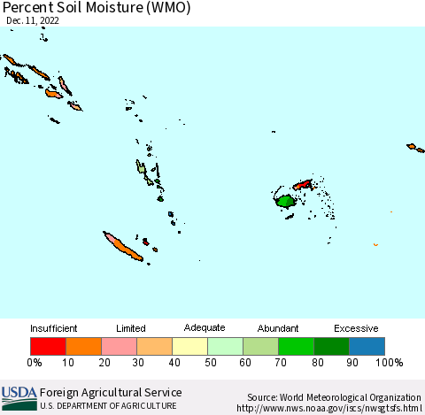 Fiji, Samoa, Solomon Isl. and Vanuatu Percent Soil Moisture (WMO) Thematic Map For 12/5/2022 - 12/11/2022