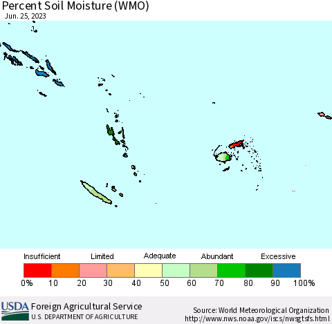 Fiji, Samoa, Solomon Isl. and Vanuatu Percent Soil Moisture (WMO) Thematic Map For 6/19/2023 - 6/25/2023