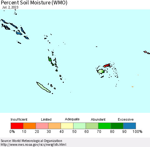 Fiji, Samoa, Solomon Isl. and Vanuatu Percent Soil Moisture (WMO) Thematic Map For 6/26/2023 - 7/2/2023