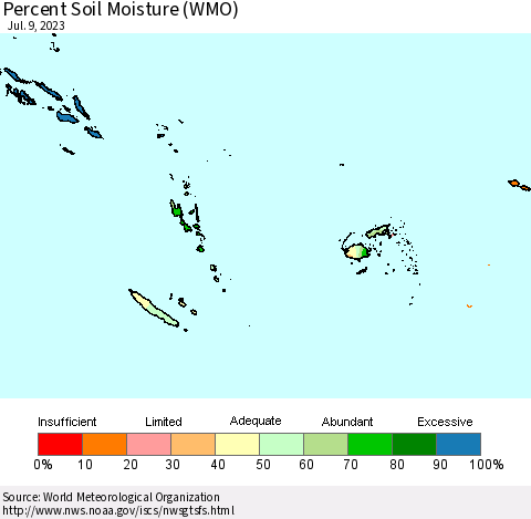 Fiji, Samoa, Solomon Isl. and Vanuatu Percent Soil Moisture (WMO) Thematic Map For 7/3/2023 - 7/9/2023