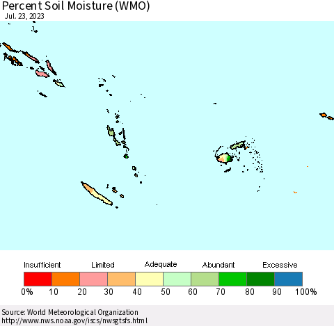 Fiji, Samoa, Solomon Isl. and Vanuatu Percent Soil Moisture (WMO) Thematic Map For 7/17/2023 - 7/23/2023