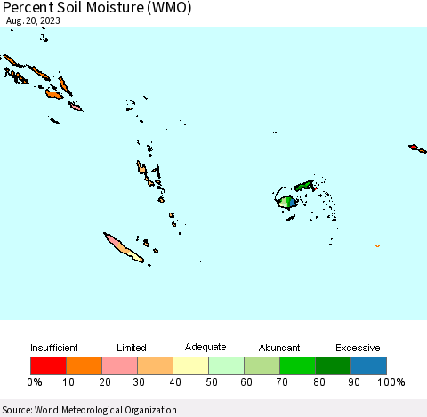 Fiji, Samoa, Solomon Isl. and Vanuatu Percent Soil Moisture (WMO) Thematic Map For 8/14/2023 - 8/20/2023