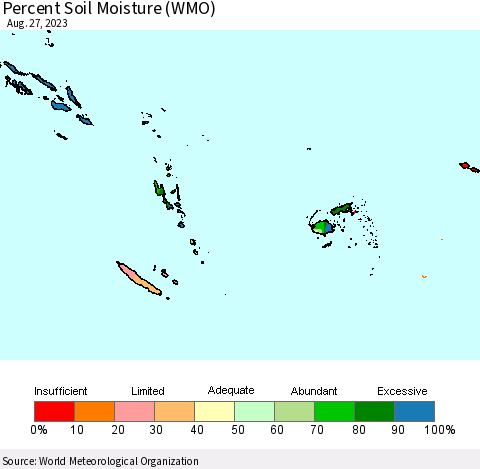 Fiji, Samoa, Solomon Isl. and Vanuatu Percent Soil Moisture (WMO) Thematic Map For 8/21/2023 - 8/27/2023