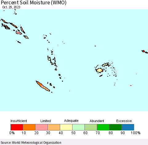 Fiji, Samoa, Solomon Isl. and Vanuatu Percent Soil Moisture (WMO) Thematic Map For 10/23/2023 - 10/29/2023