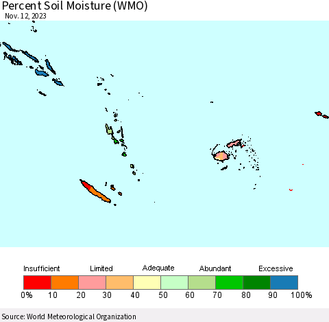 Fiji, Samoa, Solomon Isl. and Vanuatu Percent Soil Moisture (WMO) Thematic Map For 11/6/2023 - 11/12/2023