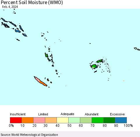 Fiji, Samoa, Solomon Isl. and Vanuatu Percent Soil Moisture (WMO) Thematic Map For 1/29/2024 - 2/4/2024
