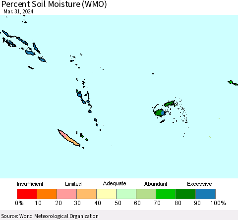 Fiji, Samoa, Solomon Isl. and Vanuatu Percent Soil Moisture (WMO) Thematic Map For 3/25/2024 - 3/31/2024