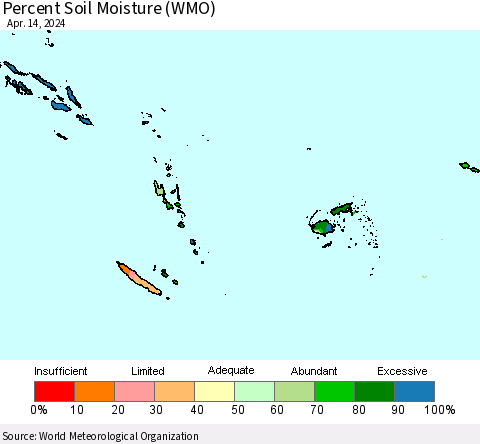 Fiji, Samoa, Solomon Isl. and Vanuatu Percent Soil Moisture (WMO) Thematic Map For 4/8/2024 - 4/14/2024