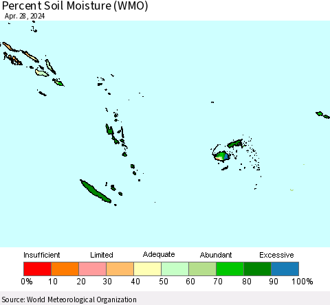 Fiji, Samoa, Solomon Isl. and Vanuatu Percent Soil Moisture (WMO) Thematic Map For 4/22/2024 - 4/28/2024