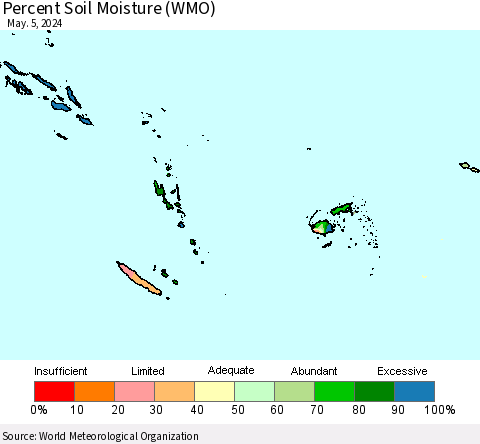 Fiji, Samoa, Solomon Isl. and Vanuatu Percent Soil Moisture (WMO) Thematic Map For 4/29/2024 - 5/5/2024
