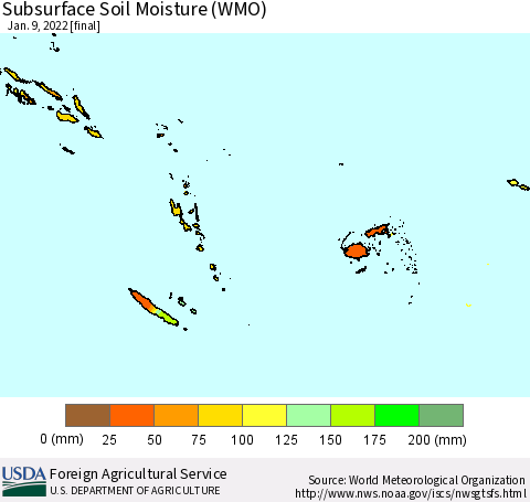 Fiji, Samoa, Solomon Isl. and Vanuatu Subsurface Soil Moisture (WMO) Thematic Map For 1/3/2022 - 1/9/2022
