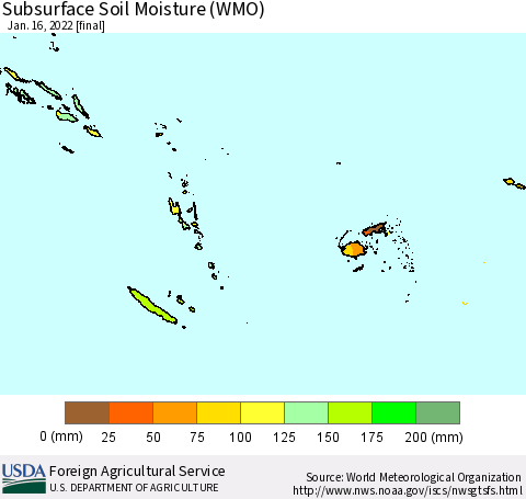 Fiji, Samoa, Solomon Isl. and Vanuatu Subsurface Soil Moisture (WMO) Thematic Map For 1/10/2022 - 1/16/2022