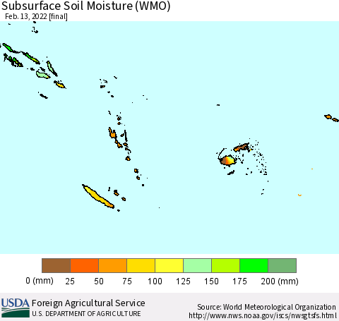 Fiji, Samoa, Solomon Isl. and Vanuatu Subsurface Soil Moisture (WMO) Thematic Map For 2/7/2022 - 2/13/2022