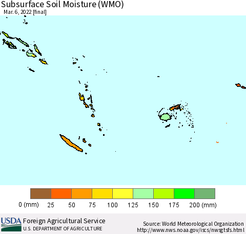 Fiji, Samoa, Solomon Isl. and Vanuatu Subsurface Soil Moisture (WMO) Thematic Map For 2/28/2022 - 3/6/2022