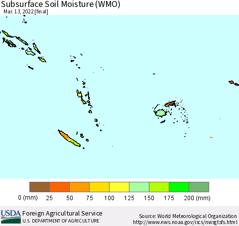 Fiji, Samoa, Solomon Isl. and Vanuatu Subsurface Soil Moisture (WMO) Thematic Map For 3/7/2022 - 3/13/2022