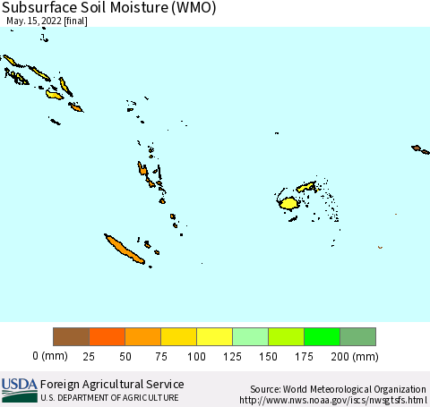Fiji, Samoa, Solomon Isl. and Vanuatu Subsurface Soil Moisture (WMO) Thematic Map For 5/9/2022 - 5/15/2022