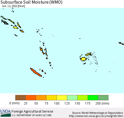 Fiji, Samoa, Solomon Isl. and Vanuatu Subsurface Soil Moisture (WMO) Thematic Map For 6/6/2022 - 6/12/2022