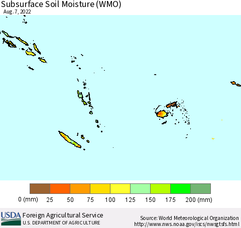 Fiji, Samoa, Solomon Isl. and Vanuatu Subsurface Soil Moisture (WMO) Thematic Map For 8/1/2022 - 8/7/2022