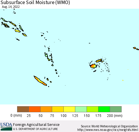 Fiji, Samoa, Solomon Isl. and Vanuatu Subsurface Soil Moisture (WMO) Thematic Map For 8/8/2022 - 8/14/2022