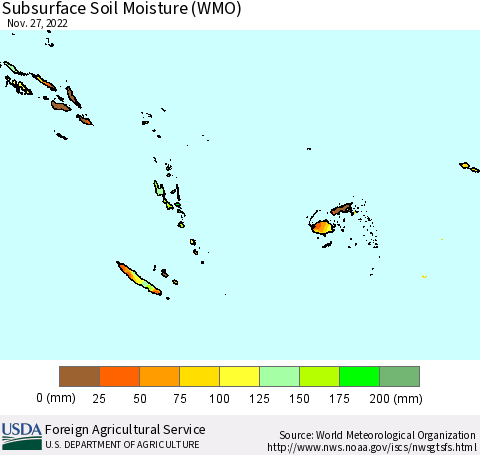 Fiji, Samoa, Solomon Isl. and Vanuatu Subsurface Soil Moisture (WMO) Thematic Map For 11/21/2022 - 11/27/2022
