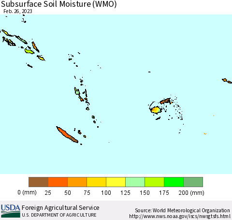 Fiji, Samoa, Solomon Isl. and Vanuatu Subsurface Soil Moisture (WMO) Thematic Map For 2/20/2023 - 2/26/2023