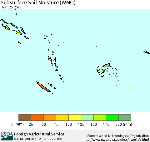 Fiji, Samoa, Solomon Isl. and Vanuatu Subsurface Soil Moisture (WMO) Thematic Map For 3/20/2023 - 3/26/2023