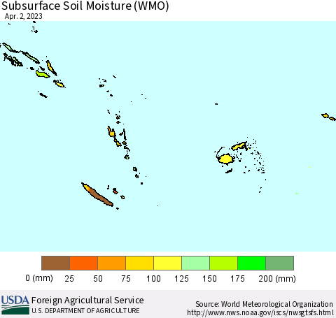Fiji, Samoa, Solomon Isl. and Vanuatu Subsurface Soil Moisture (WMO) Thematic Map For 3/27/2023 - 4/2/2023