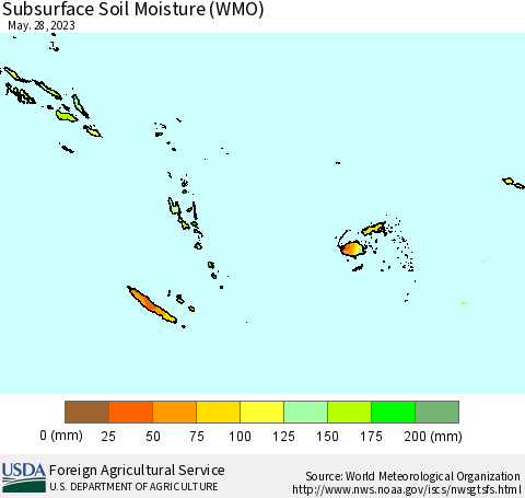 Fiji, Samoa, Solomon Isl. and Vanuatu Subsurface Soil Moisture (WMO) Thematic Map For 5/22/2023 - 5/28/2023