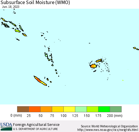 Fiji, Samoa, Solomon Isl. and Vanuatu Subsurface Soil Moisture (WMO) Thematic Map For 6/12/2023 - 6/18/2023