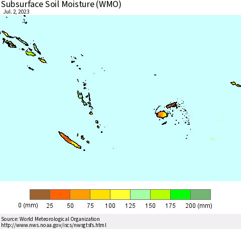 Fiji, Samoa, Solomon Isl. and Vanuatu Subsurface Soil Moisture (WMO) Thematic Map For 6/26/2023 - 7/2/2023