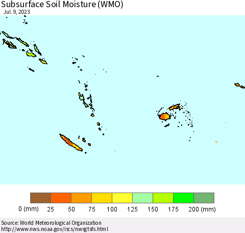 Fiji, Samoa, Solomon Isl. and Vanuatu Subsurface Soil Moisture (WMO) Thematic Map For 7/3/2023 - 7/9/2023
