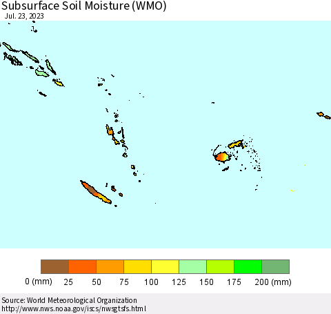 Fiji, Samoa, Solomon Isl. and Vanuatu Subsurface Soil Moisture (WMO) Thematic Map For 7/17/2023 - 7/23/2023