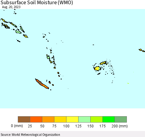 Fiji, Samoa, Solomon Isl. and Vanuatu Subsurface Soil Moisture (WMO) Thematic Map For 8/14/2023 - 8/20/2023