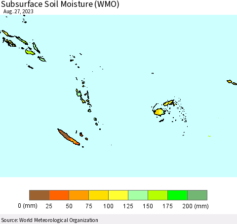 Fiji, Samoa, Solomon Isl. and Vanuatu Subsurface Soil Moisture (WMO) Thematic Map For 8/21/2023 - 8/27/2023
