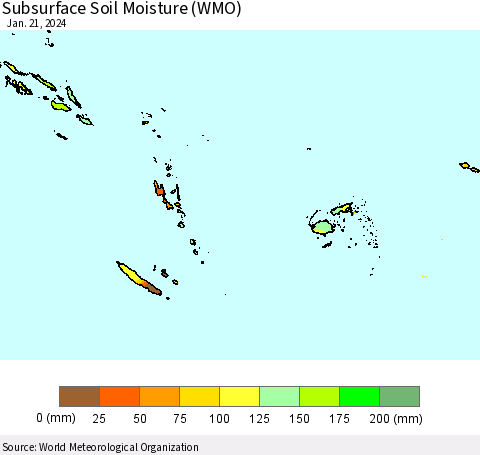 Fiji, Samoa, Solomon Isl. and Vanuatu Subsurface Soil Moisture (WMO) Thematic Map For 1/15/2024 - 1/21/2024