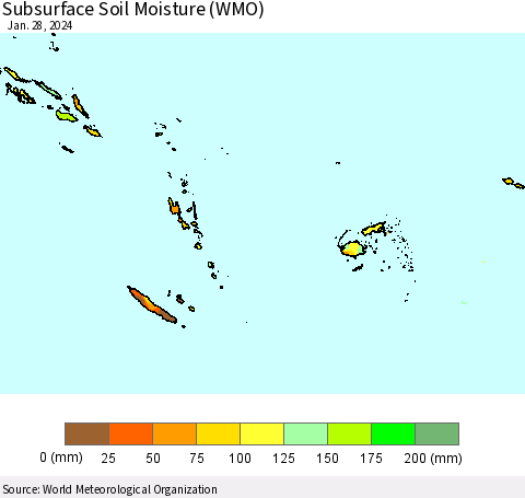 Fiji, Samoa, Solomon Isl. and Vanuatu Subsurface Soil Moisture (WMO) Thematic Map For 1/22/2024 - 1/28/2024