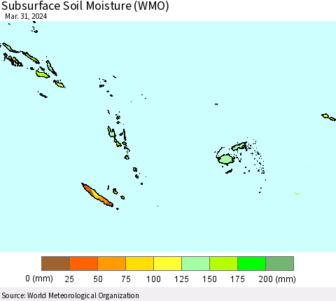 Fiji, Samoa, Solomon Isl. and Vanuatu Subsurface Soil Moisture (WMO) Thematic Map For 3/25/2024 - 3/31/2024