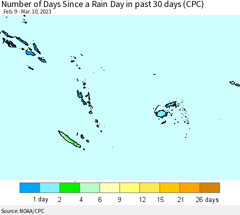 Fiji, Samoa, Solomon Isl. and Vanuatu Number of Days Since a Rain Day in past 30 days (CPC) Thematic Map For 3/6/2023 - 3/10/2023