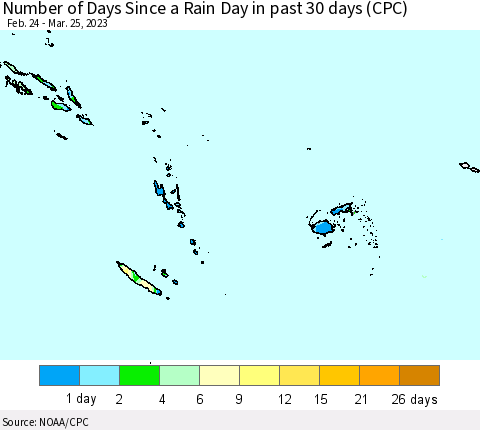 Fiji, Samoa, Solomon Isl. and Vanuatu Number of Days Since a Rain Day in past 30 days (CPC) Thematic Map For 3/21/2023 - 3/25/2023
