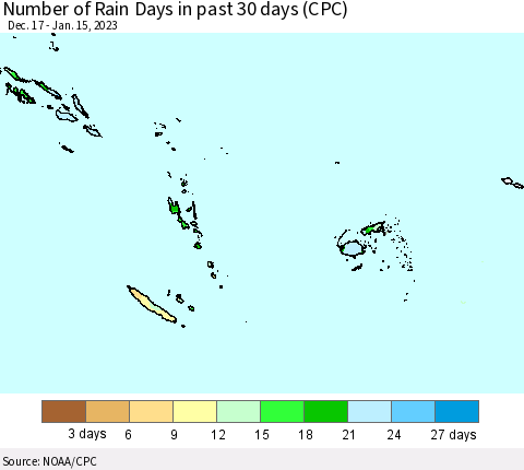Fiji, Samoa, Solomon Isl. and Vanuatu Number of Rain Days in past 30 days (CPC) Thematic Map For 1/11/2023 - 1/15/2023