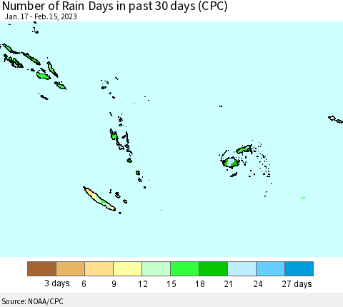 Fiji, Samoa, Solomon Isl. and Vanuatu Number of Rain Days in past 30 days (CPC) Thematic Map For 2/11/2023 - 2/15/2023