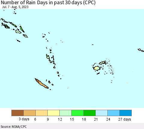 Fiji, Samoa, Solomon Isl. and Vanuatu Number of Rain Days in past 30 days (CPC) Thematic Map For 8/1/2023 - 8/5/2023