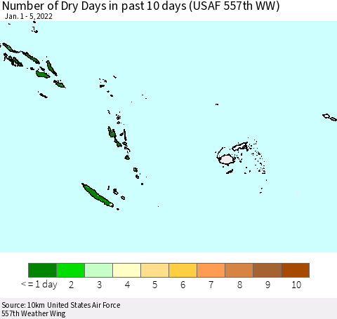 Fiji, Samoa, Solomon Isl. and Vanuatu Number of Dry Days in past 10 days (USAF 557th WW) Thematic Map For 1/1/2022 - 1/5/2022
