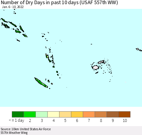 Fiji, Samoa, Solomon Isl. and Vanuatu Number of Dry Days in past 10 days (USAF 557th WW) Thematic Map For 1/6/2022 - 1/10/2022