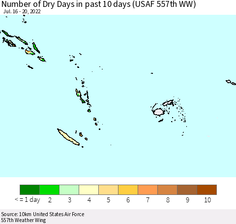 Fiji, Samoa, Solomon Isl. and Vanuatu Number of Dry Days in past 10 days (USAF 557th WW) Thematic Map For 7/16/2022 - 7/20/2022