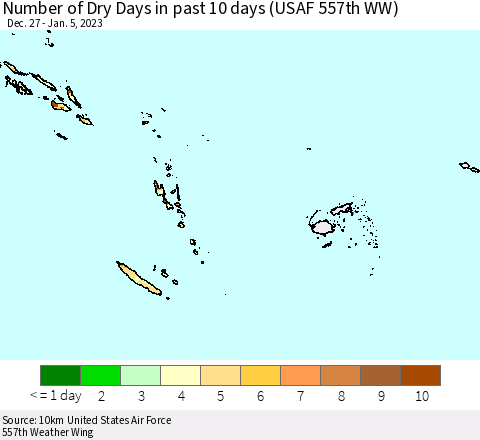 Fiji, Samoa, Solomon Isl. and Vanuatu Number of Dry Days in past 10 days (USAF 557th WW) Thematic Map For 1/1/2023 - 1/5/2023