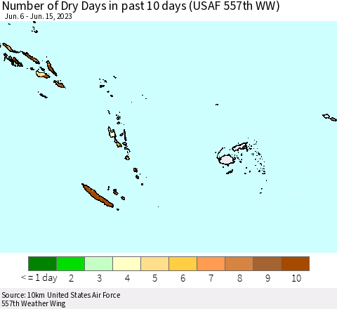 Fiji, Samoa, Solomon Isl. and Vanuatu Number of Dry Days in past 10 days (USAF 557th WW) Thematic Map For 6/11/2023 - 6/15/2023