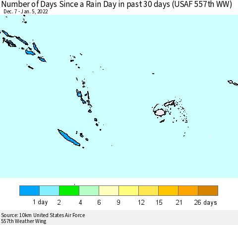 Fiji, Samoa, Solomon Isl. and Vanuatu Number of Days Since a Rain Day in past 30 days (USAF 557th WW) Thematic Map For 1/1/2022 - 1/5/2022