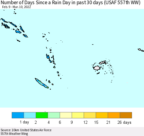 Fiji, Samoa, Solomon Isl. and Vanuatu Number of Days Since a Rain Day in past 30 days (USAF 557th WW) Thematic Map For 3/6/2022 - 3/10/2022